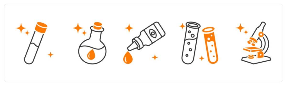 A set of 5 mix icons as blood sample, chemical bottle, eye drops