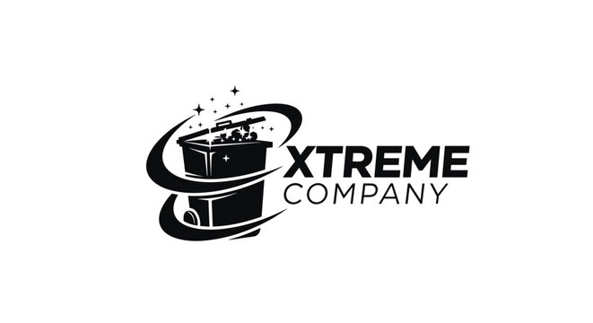 Xtreme Company logo design featuring a silhouette of a trash bin or dumpster with sparkling clean effects.