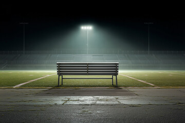 Obraz premium Empty wooden bench on a sports stadium at night under bright spotlights. Atmospheric view of an American football field with bleachers and fog, concept of loneliness or waiting