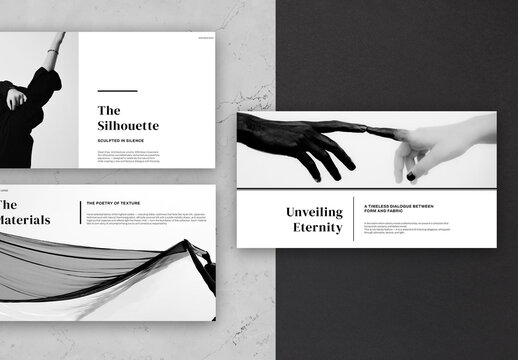 Minimal Black and White Fashion Presentation Template With Clean Silhouette Layout and Elegant Creative Branding Slides