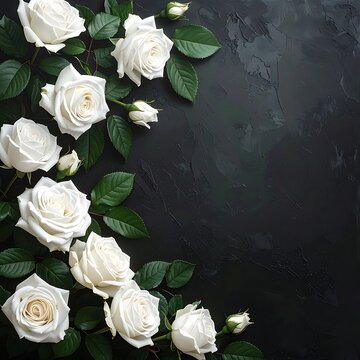 A dark background adorned with white roses and green leaves