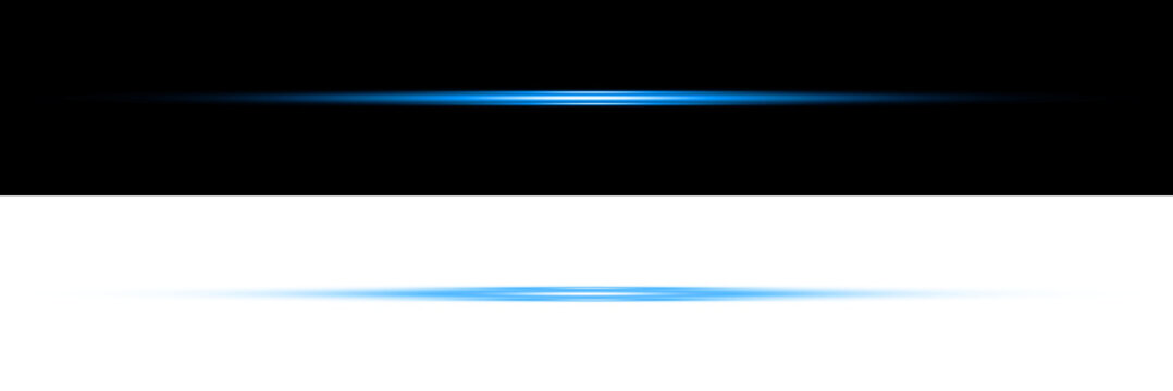 Blue neon glow line horizontal light beam set on black and transparent background for futuristic technology design elements high resolution graphics.