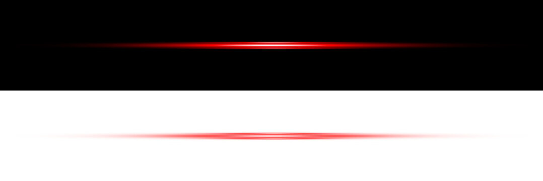 Red laser beam light effect horizontal glowing line on black and transparent background for professional graphic design and cinematic motion visual.