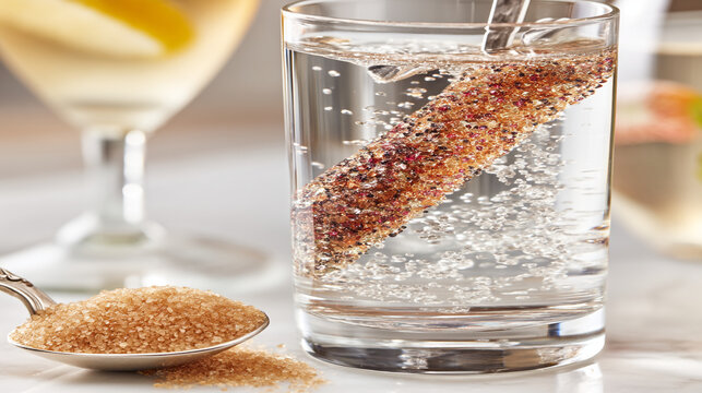Glass of water with dissolving brown sugar and a spoonful of raw cane sugar dissolving crystals