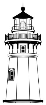 A tall lighthouse with a black roof and a railing around the top