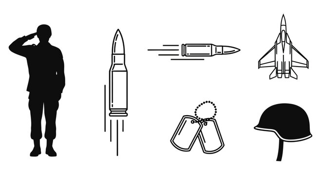 Military soldier saluting with various combat gear and aircraft icons