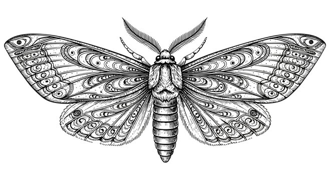 Detailed illustration of a moth with intricate wing patterns and designs