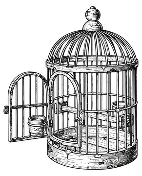 Vintage illustration of an open birdcage with a small dish inside