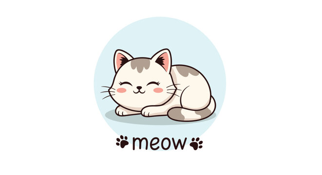 Adorable sleeping kitten with gray markings on its head and tail lying within a blue circle with meow text.