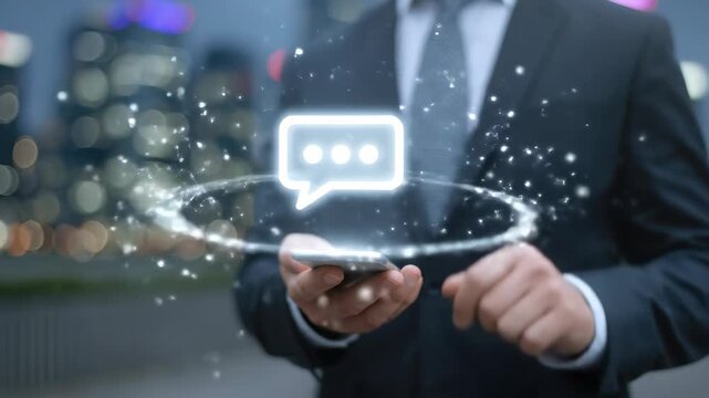 A professional in a suit using a smartphone, interacting with a glowing email icon, concept of global digital communication, business connectivity, modern technology networking