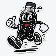 Naklejka premium A cheerful vintage style cartoon soda bottle character with bubbles happily runs forward while giving a positive thumbs up gesture.