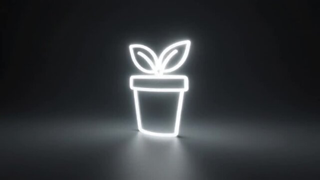 Glowing_neon_Simple_White_Line_Art_Icon_of_a_Potted_Plant_with_Leaves_on_a_Dark_Gray_Background
