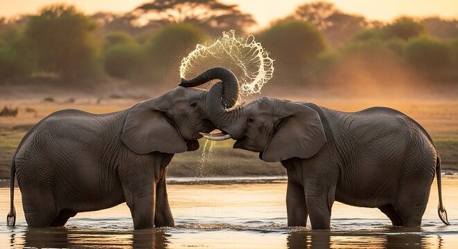 Two elephants interacting playfully in water with sunset background