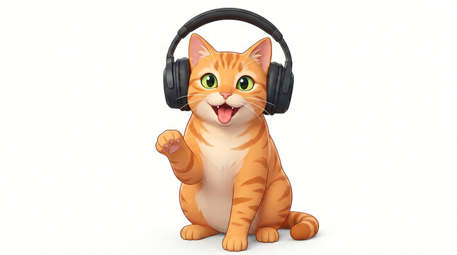 Adorable Gato 3D con Auriculares Saludando y Sonriendo