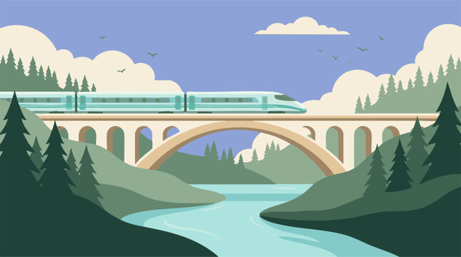 High-speed train on a viaduct over a river, serene natural landscape