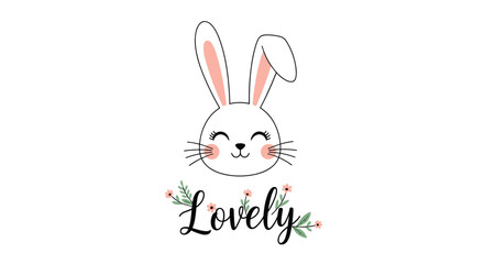 Fototapeta premium Charming bunny face illustration with pink ears and floral decorations above the word lovely in an elegant script.