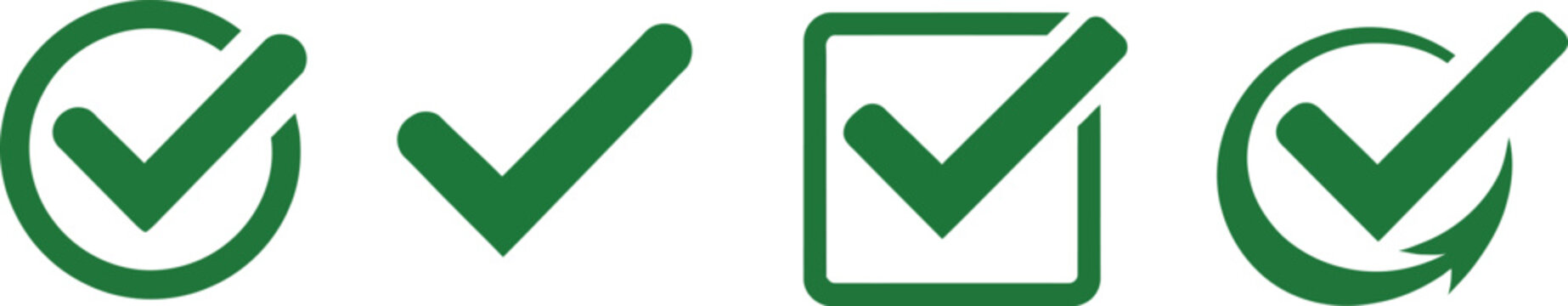 Set of solid check mark icons in various styles and shapes for confirmation or completion vector
