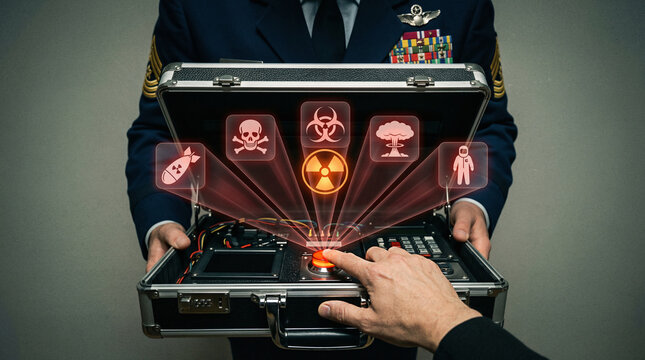 Dystopian Doomsday Activation: Uniformed Soldier's Hazard Suitcase Featuring Neon Atomic Symbol and Toxic Warning Emblems in Luxurious Official Interior