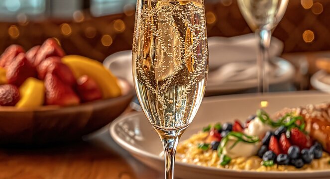 Elegant champagne flute sparkles alongside brunch offerings