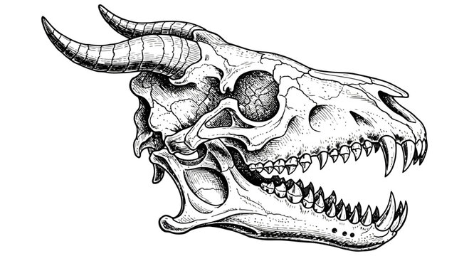 Detailed illustration of a dinosaur skull with horns and sharp teeth