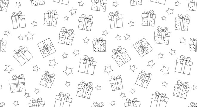 Minimalist black and white seamless pattern featuring various hand-drawn gift boxes with ribbons and scattered stars.