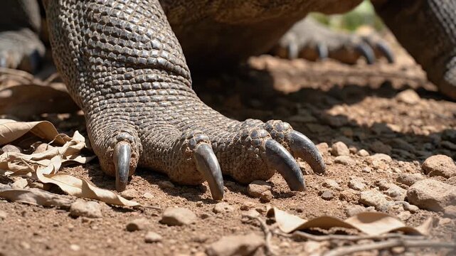 A close-up shot showcases the powerful, scaled foot and formidable claws of a Komodo dragon resting on a rocky, earthy surface.
