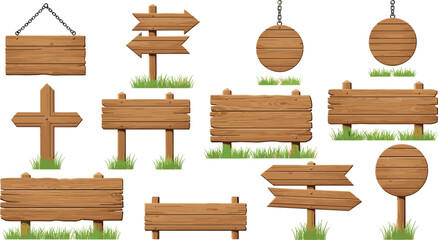 Rustic Wooden Signage Collection with Blank Boards, Directional Arrows, and Hanging Planks on Green Grass for Outdoor Park, Garden, and Farm Designs © MD