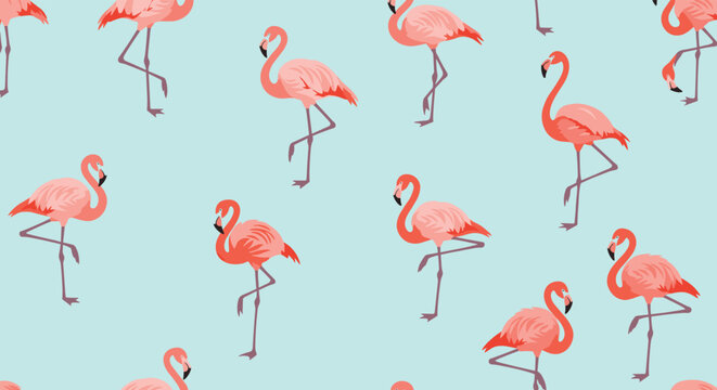 Tropical seamless pattern showcasing pink flamingos standing in various poses on a light blue background for summer and vacation designs.