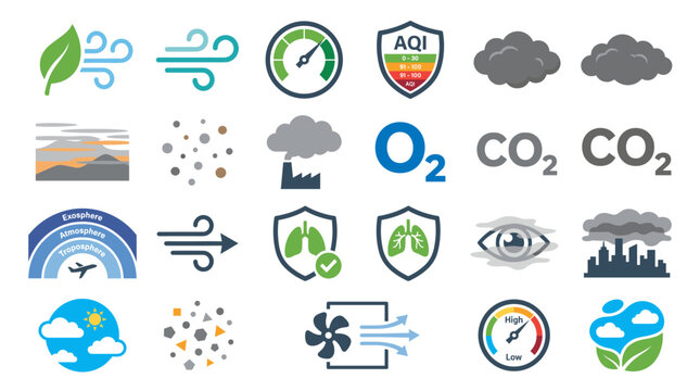 Colorful air quality and weather vector icon set with wind, clouds, AQI gauge, oxygen, carbon dioxide, pollution, humidity and clean air symbols