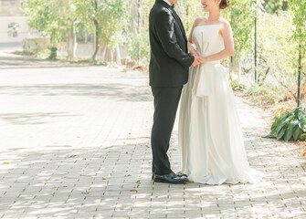 Naklejka premium A couple in wedding attire walk hand in hand along a tree-lined path in a park (wedding, wedding photos, bride and groom).