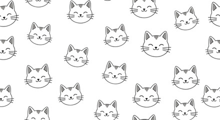Obraz premium Adorable seamless pattern featuring multiple grey and white smiling cat faces with closed eyes on a clean white background.