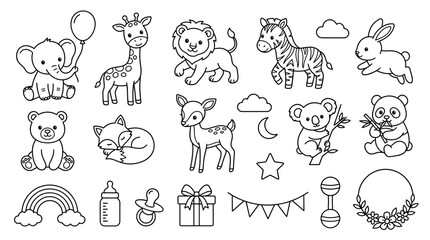 Fototapeta premium Black outline baby animal vector set with elephant, giraffe, lion, zebra, bunny, bear, cat, fox, deer, panda, rainbow, bottle and nursery icons
