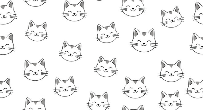 Adorable seamless pattern featuring multiple grey and white smiling cat faces with closed eyes on a clean white background.