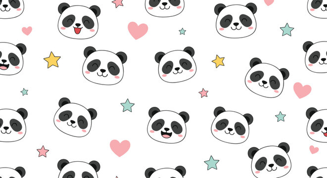 Cute seamless pattern of happy panda faces surrounded by colorful pink hearts and yellow and blue stars on a white background.