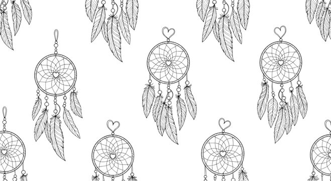 Intricate black and white seamless pattern of decorative dreamcatchers with feathers and heart details on a clean white background.