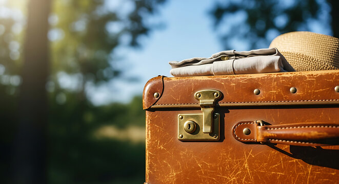 Vintage brown suitcase packed with folded linen clothes and a straw hat outdoors in warm early summer sunlight, travel and vacation concept