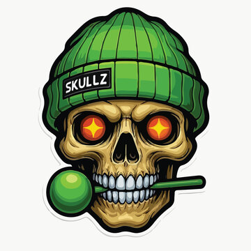 Grinning human skull wearing a vibrant green knitted beanie hat while biting down on a sweet round colorful lollipop candy