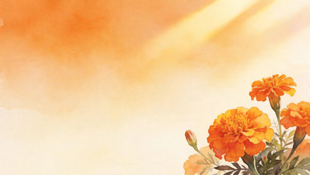 Watercolor marigold flowers in corner with warm sunlight rays and orange background