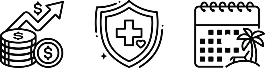 Obraz premium Set of financial and lifestyle icons including money growth health insurance and vacation.
