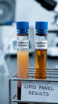 Blood sample comparison: abnormal fluid, normal serum, cholesterol content, artery wellness, heart threat, medical finding, disease factor, vascular state, body balance, human health.