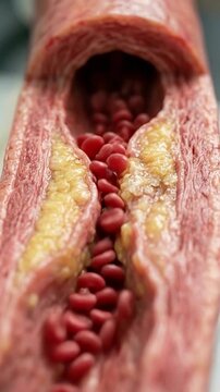 Vascular occlusion process: cholesterol accumulation, artery blockage, lipid deposit, blood circulation, plaque formation, cardiac risk, unhealthy balance, vessel impediment.