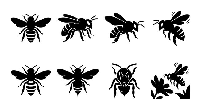 Honey bee silhouette icons set, black bumblebee vector graphics, flying insect collection for organic honey branding and nature logo design