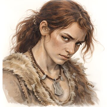 Junge rothaarige Frau mit zerzaustem Haar und Fellkleidung im rustikalen Fantasy Stil
