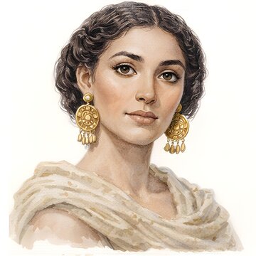 Elegante junge Frau mit kurzen dunklen Locken und gro&szlig;en goldenen Ohrringen
