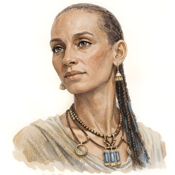 Reife Frau mit eng geflochtenem Haar und traditionellem Schmuck als historisches Charakterportr&auml;t