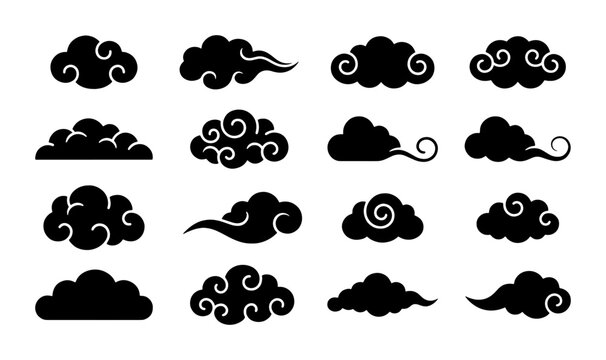 Traditional Chinese clouds vector set, black oriental cloud silhouettes with decorative swirls, 16 Japanese style cloud icons for lunar new year