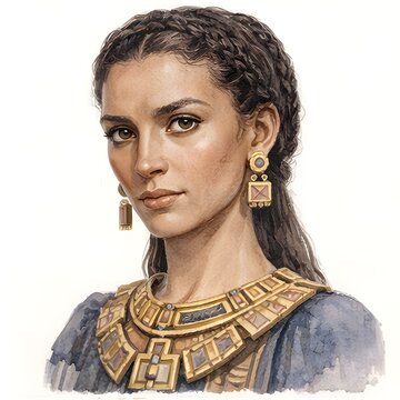 Elegante Frau mit geflochtenem dunklem Haar und geometrischem Goldschmuck im antiken Stil