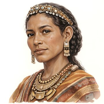 Elegante Frau mit geflochtenem Haar, goldenem Kopfschmuck und traditionellem Perlenschmuck