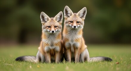 Fototapeta premium Two foxes sit side by side on green grass with blurred background