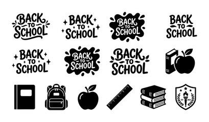 Back to school lettering and icons set, black hand drawn typography phrases, school supplies vector elements for education marketing and stationery © Mamun